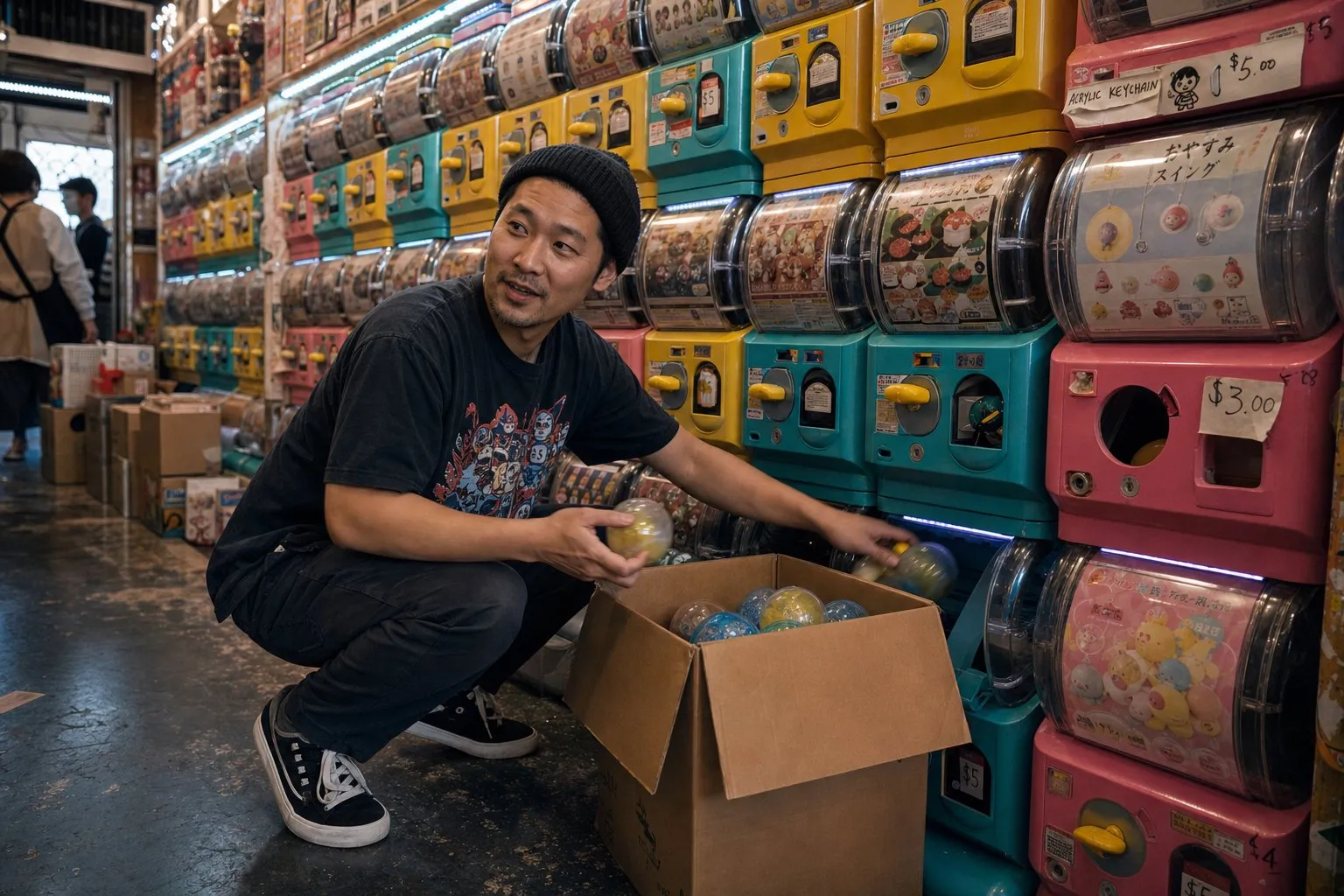 Gachapon shop owner crouched, refilling a colorful capsule machine, a box of capsules beside him.