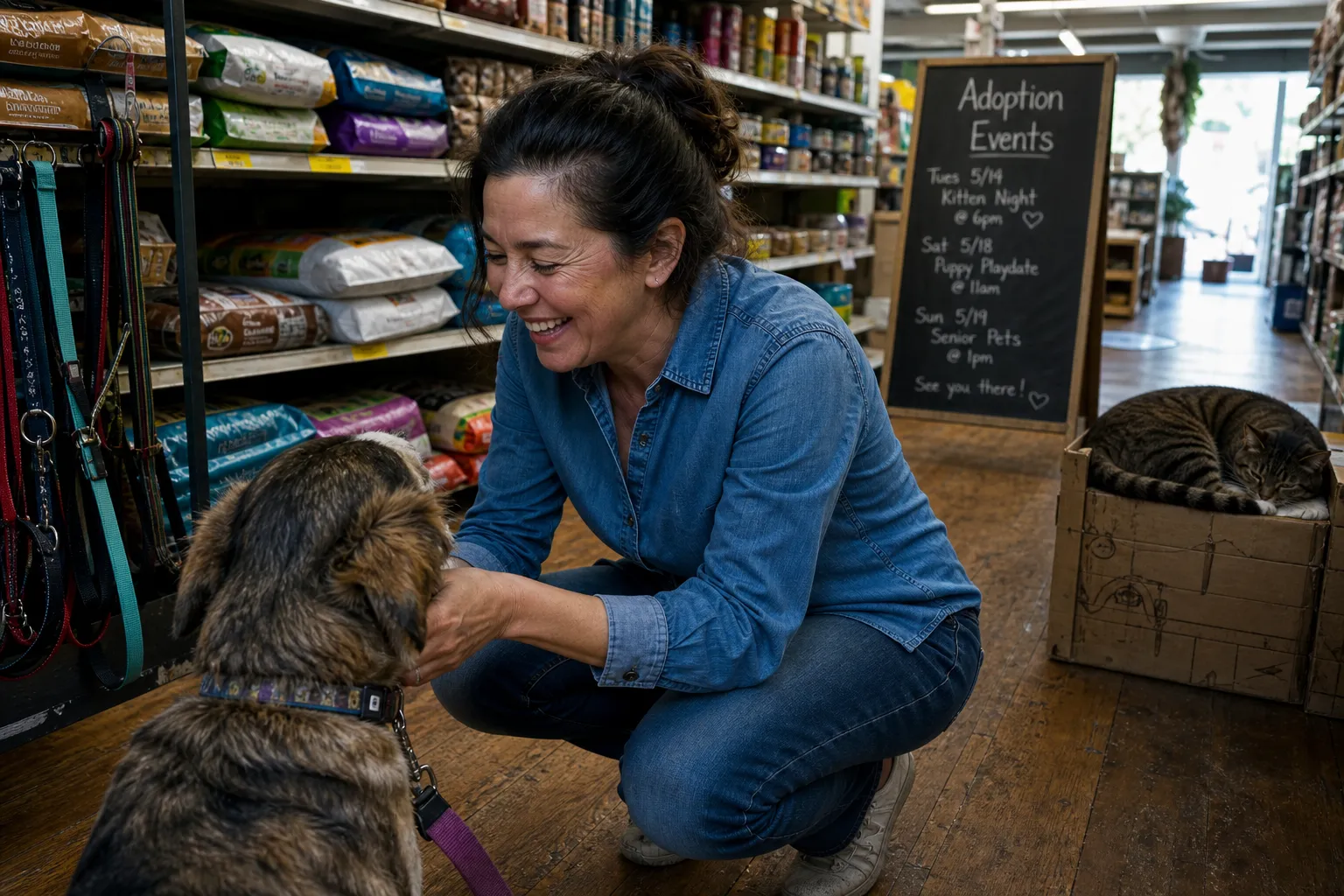 Pet supply store owner in a denim work shirt, kneeling to greet a customer's dog, a tabby cat napping in a cardboard box behind her.