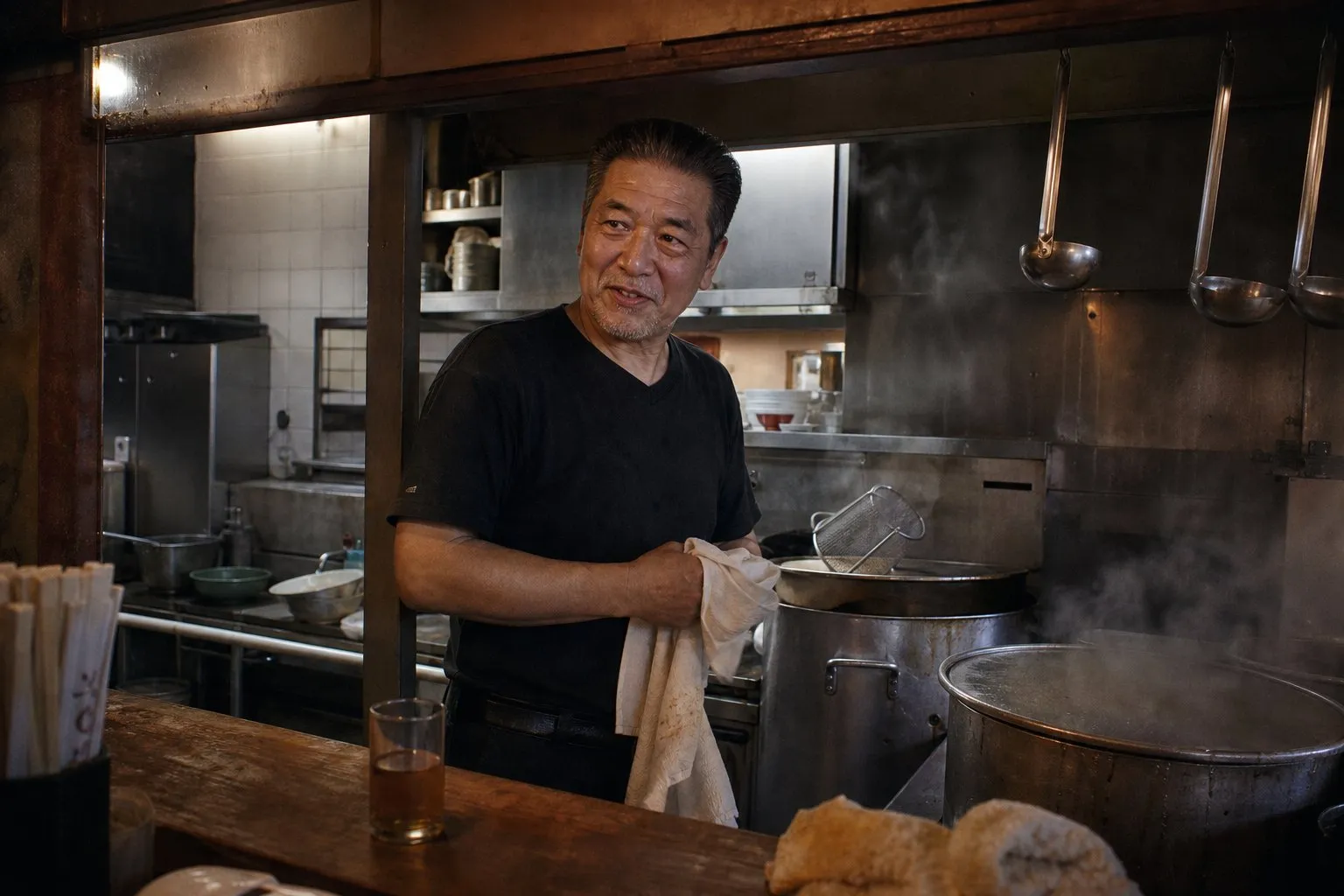 Ramen-ya owner behind the open kitchen counter, steam rising from stockpots, wiping his hands on a towel.